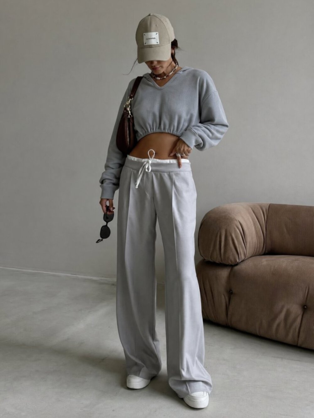 Mono B Cropped V Neck Hoodie M Sage Blue Raw Edge Elastic Hem Balloon Sleeve